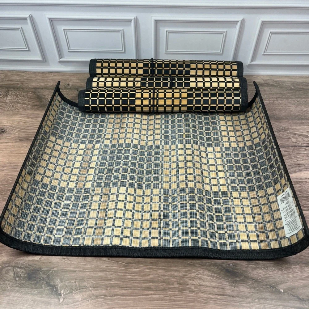 Liberty Procurement Placemats Set of 4 13x19 Black Tan Bamboo Checkered 18322